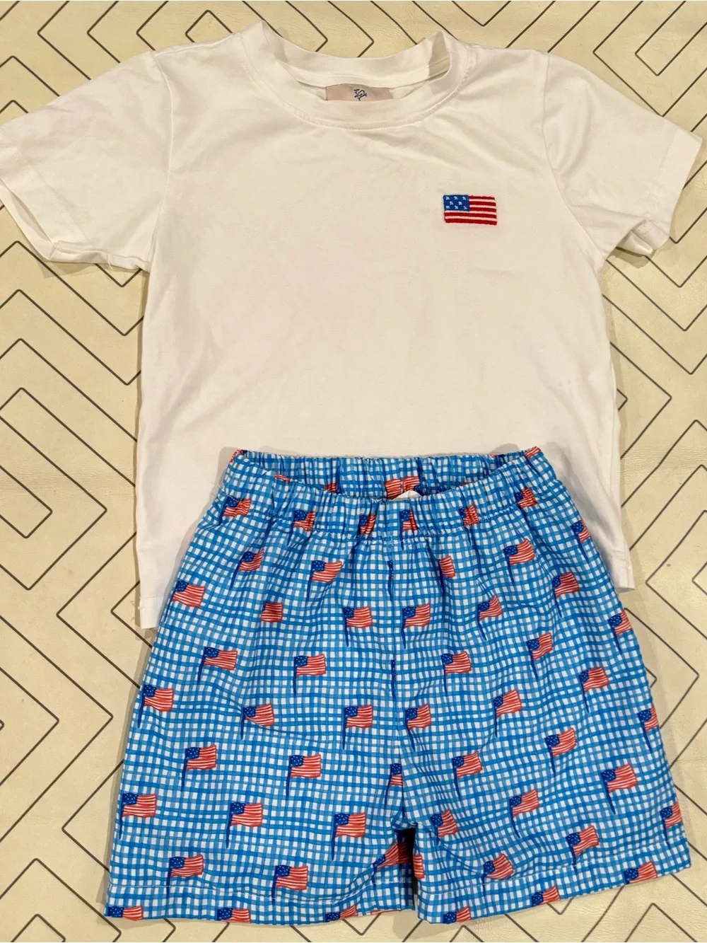 Smockingbird White Tee & Blue Flag-Print Set